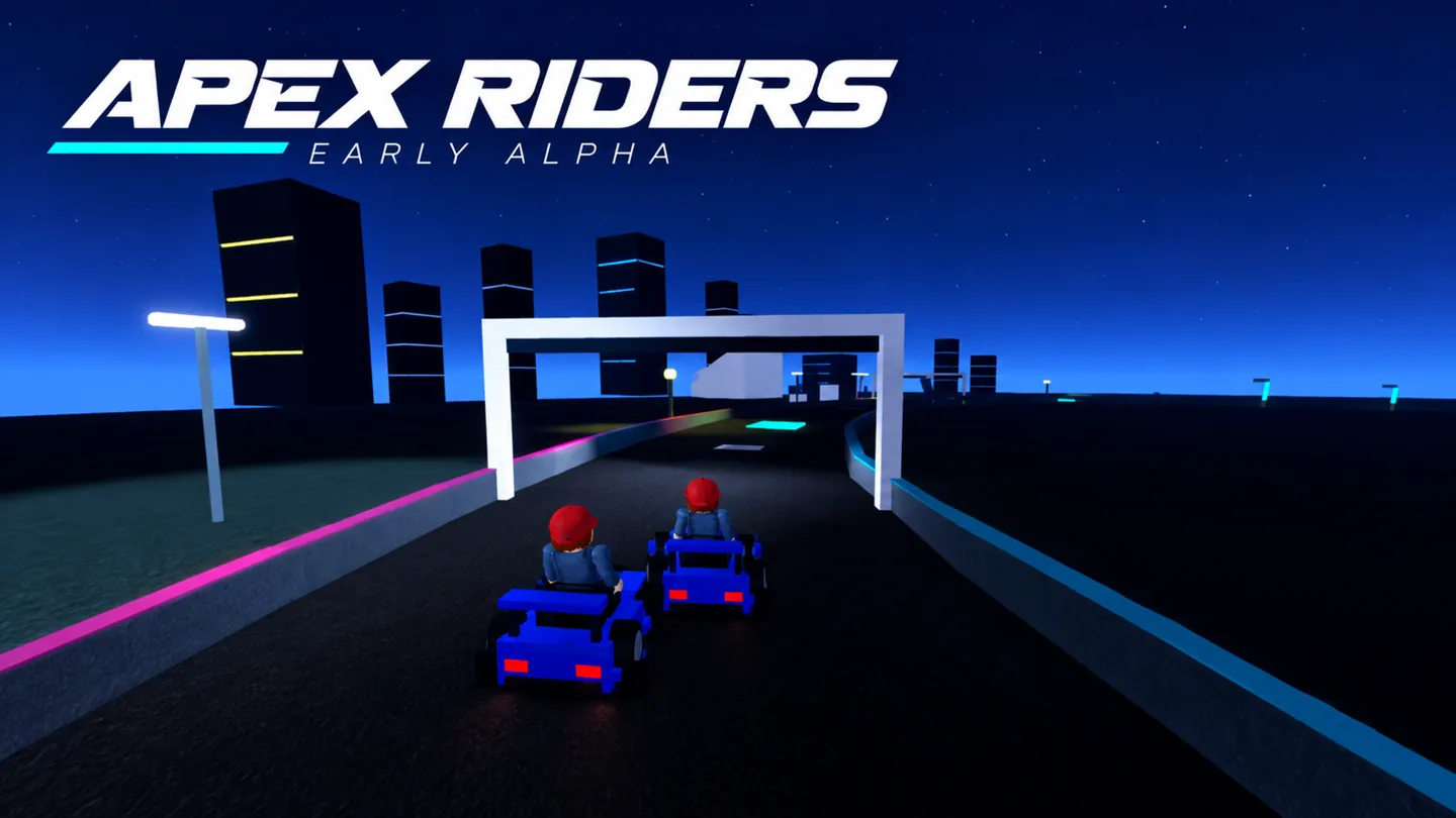 Two actual Apex Riders starter cars racing through the neon Midnight circuit