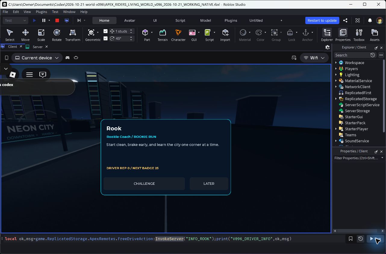Named Apex Riders Free Drive driver interaction card in Studio Play