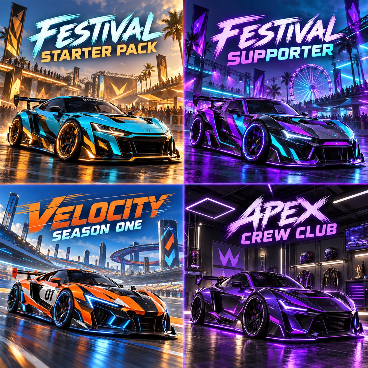 Four-panel Apex Riders cosmetic storefront concept art