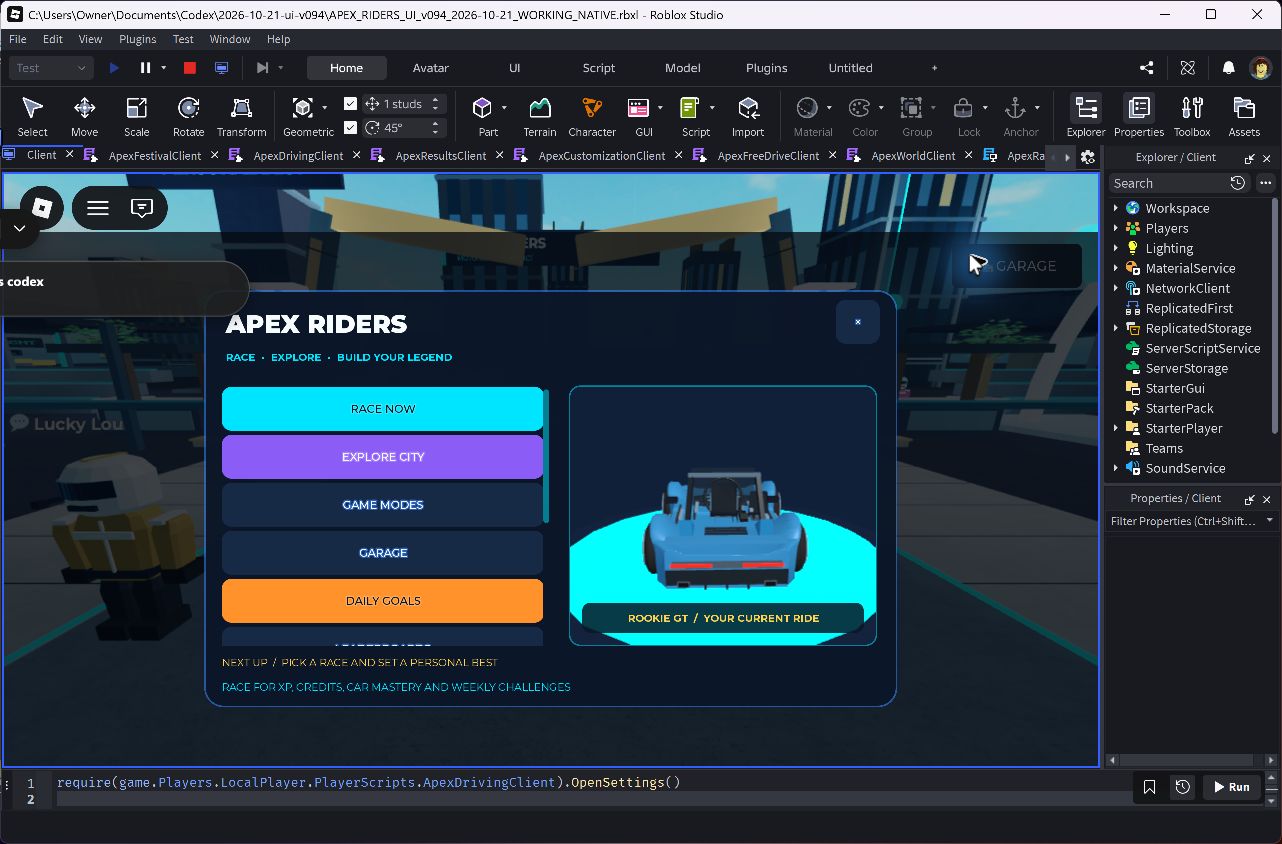 Brighter Apex Riders festival interface with the equipped car showcase