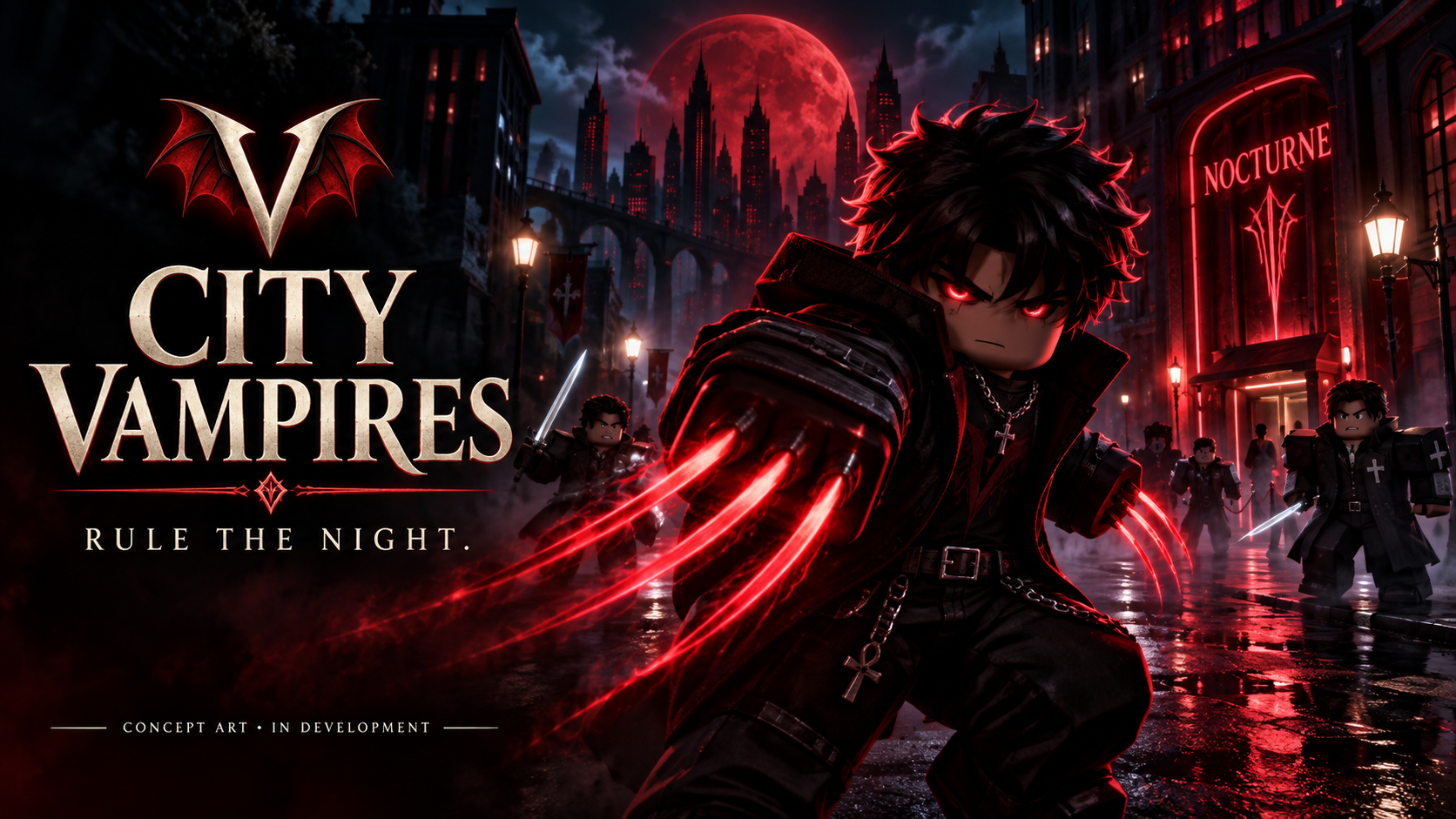 Vampire facing hunters in promotional combat concept art