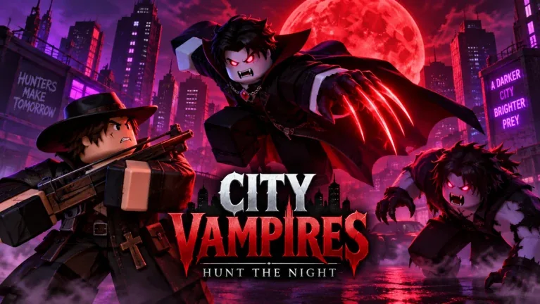 Official City Vampires artwork: vampire claws, hunters and a blood moon above the city