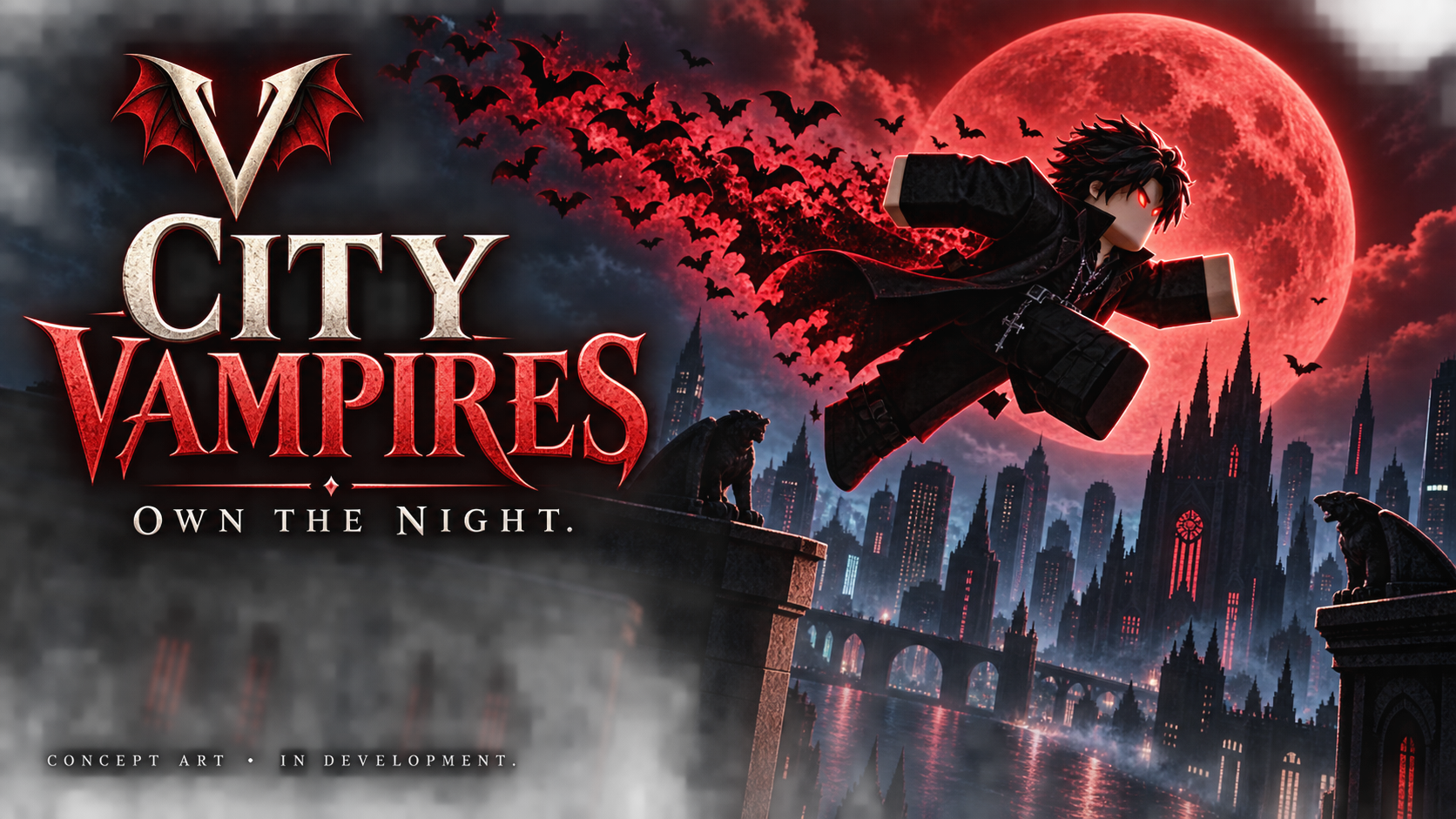City Vampires concept artwork of a vampire crossing rooftops with a trail of bats