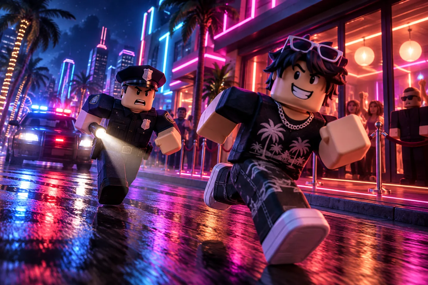 Party Cop Buster concept art: an officer pursuing a partygoer through a neon city street