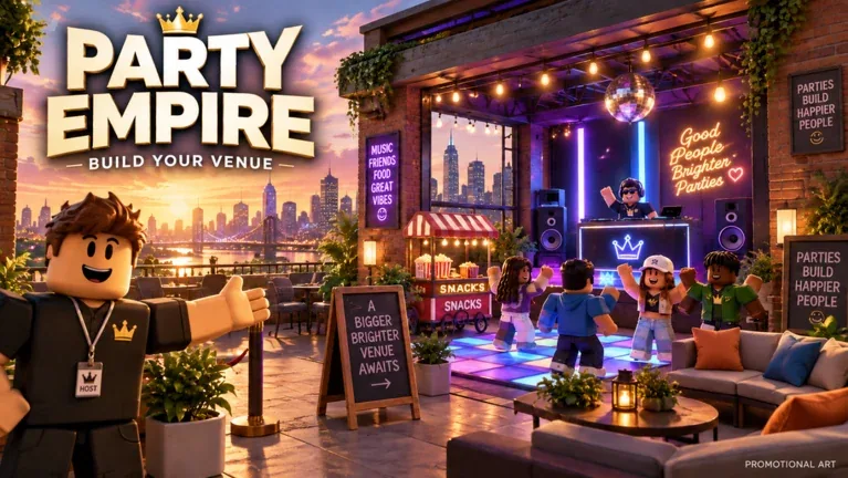 Party Empire official promotional artwork of a music venue, guests and a rooftop city view
