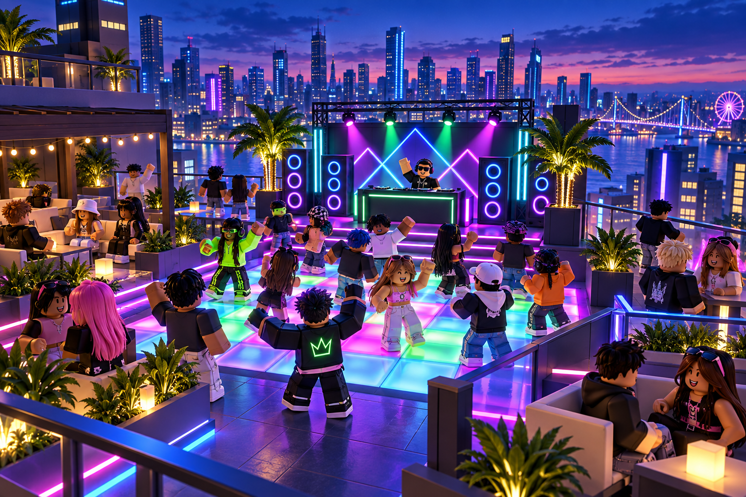 Party Empire concept art: blocky guests enjoying a neon rooftop music party above the city